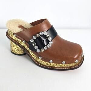 Coach Clog Slide Glitter Heel Brown Leather Shearling Insole Swarovski Crystal 7